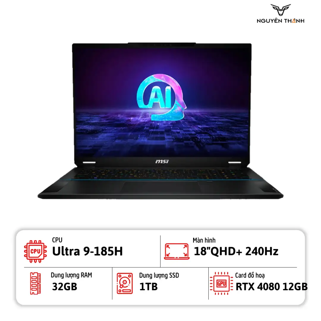 Laptop MSI Stealth 18 AI Studio Gaming (Ultra 9 185H, 32GB RAM, 1TB SSD, RTX 4080 12GB, 18” QHD+ 240Hz, Midnight Black)