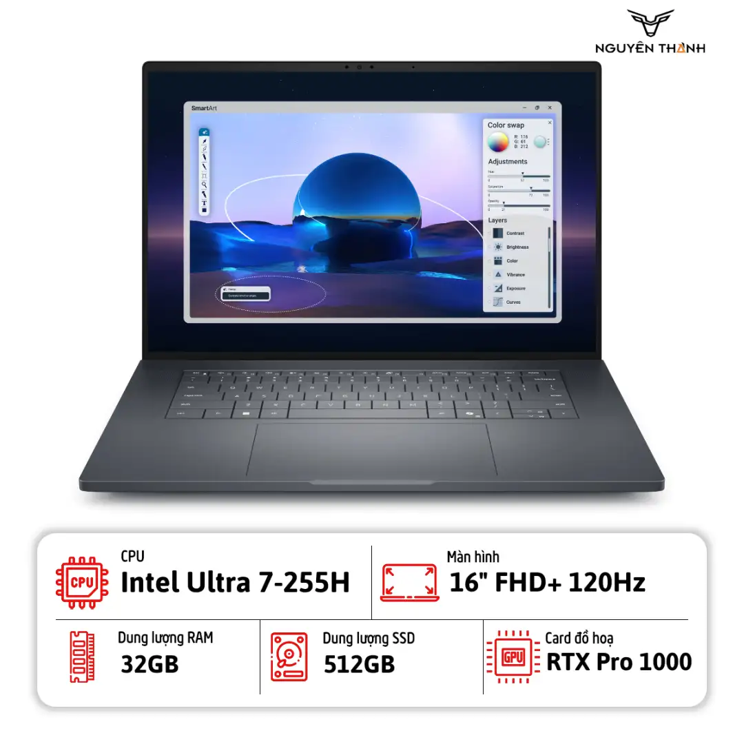 Laptop Dell Pro Max 16 Premium MA16250 (Ultra 7-255H, 32GB RAM, 512GB SSD, 16" FHD 120Hz, RTX Pro 1000 8GB, Windows 11)
